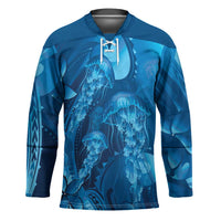 Blue Gradient Polynesia Jellyfish Hockey Jersey Plumeria Polynesian Tattoo Glowing Vibes