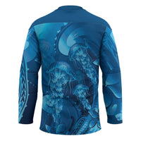Blue Gradient Polynesia Jellyfish Hockey Jersey Plumeria Polynesian Tattoo Glowing Vibes