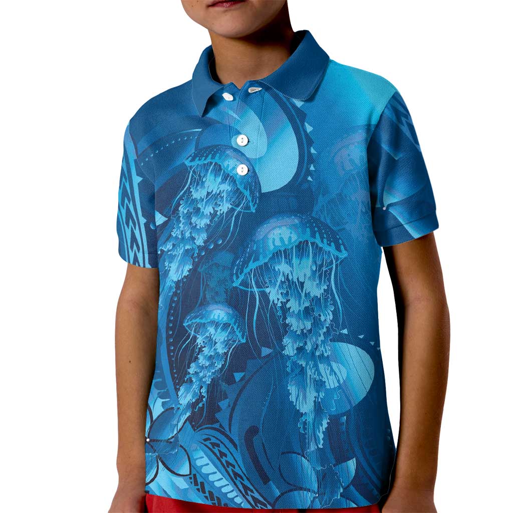 Blue Gradient Polynesia Jellyfish Kid Polo Shirt Plumeria Polynesian Tattoo Glowing Vibes