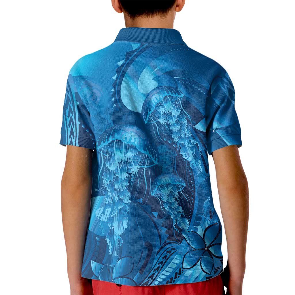 Blue Gradient Polynesia Jellyfish Kid Polo Shirt Plumeria Polynesian Tattoo Glowing Vibes