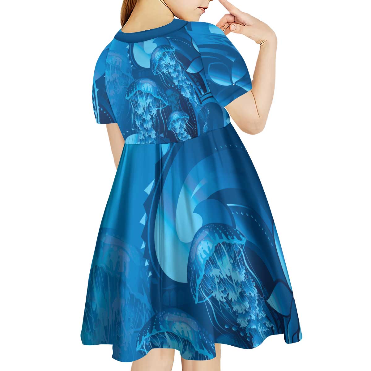 Blue Gradient Polynesia Jellyfish Kid Short Sleeve Dress Plumeria Polynesian Tattoo Glowing Vibes
