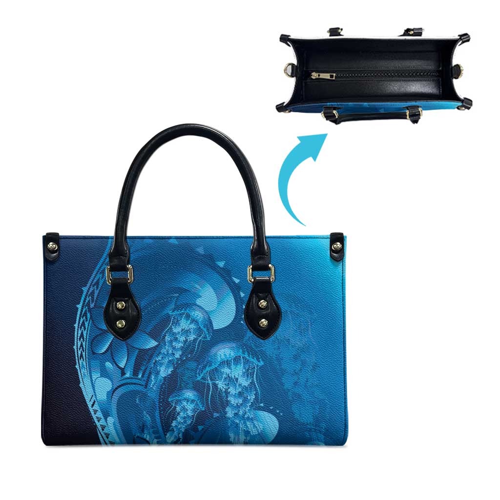 Blue Gradient Polynesia Jellyfish Leather Bag Plumeria Polynesian Tattoo Glowing Vibes