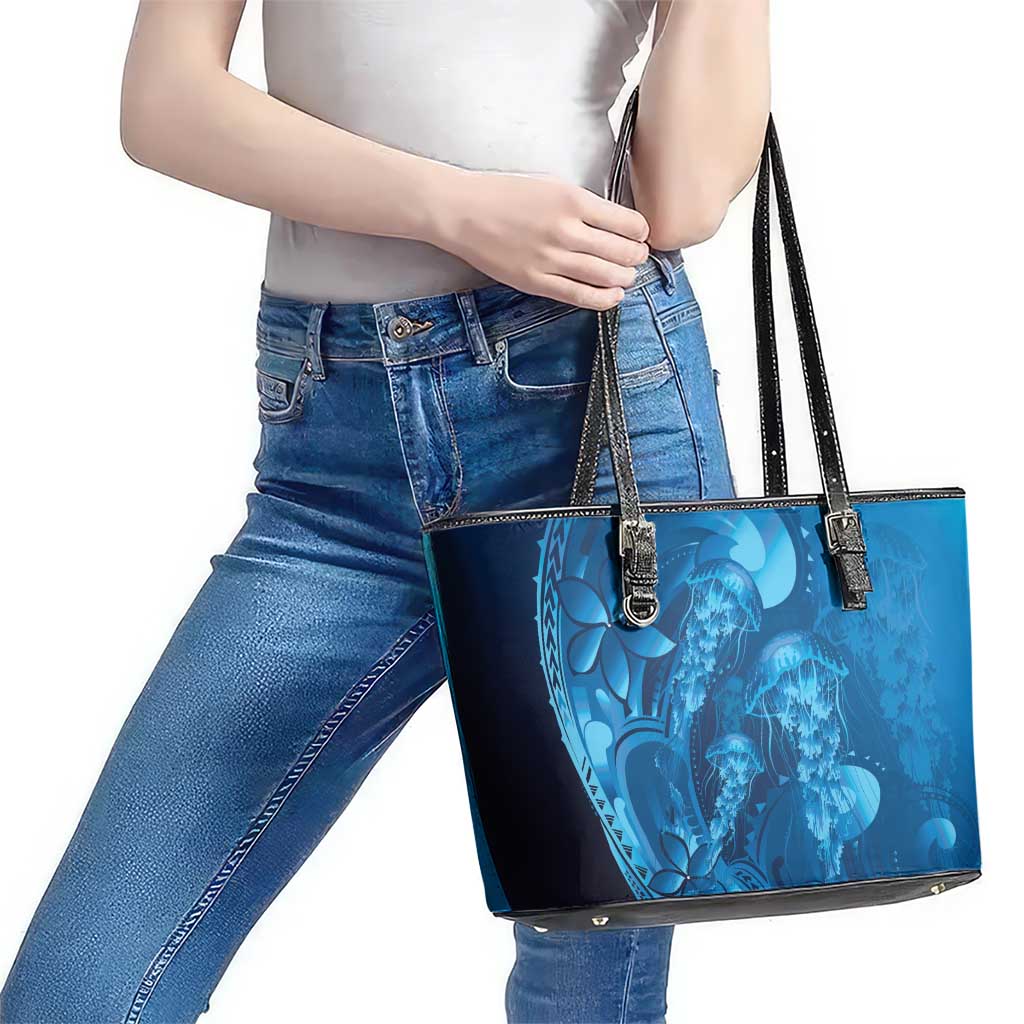 Blue Gradient Polynesia Jellyfish Leather Tote Bag Plumeria Polynesian Tattoo Glowing Vibes