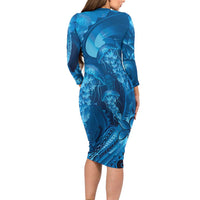 Blue Gradient Polynesia Jellyfish Long Sleeve Bodycon Dress Plumeria Polynesian Tattoo Glowing Vibes