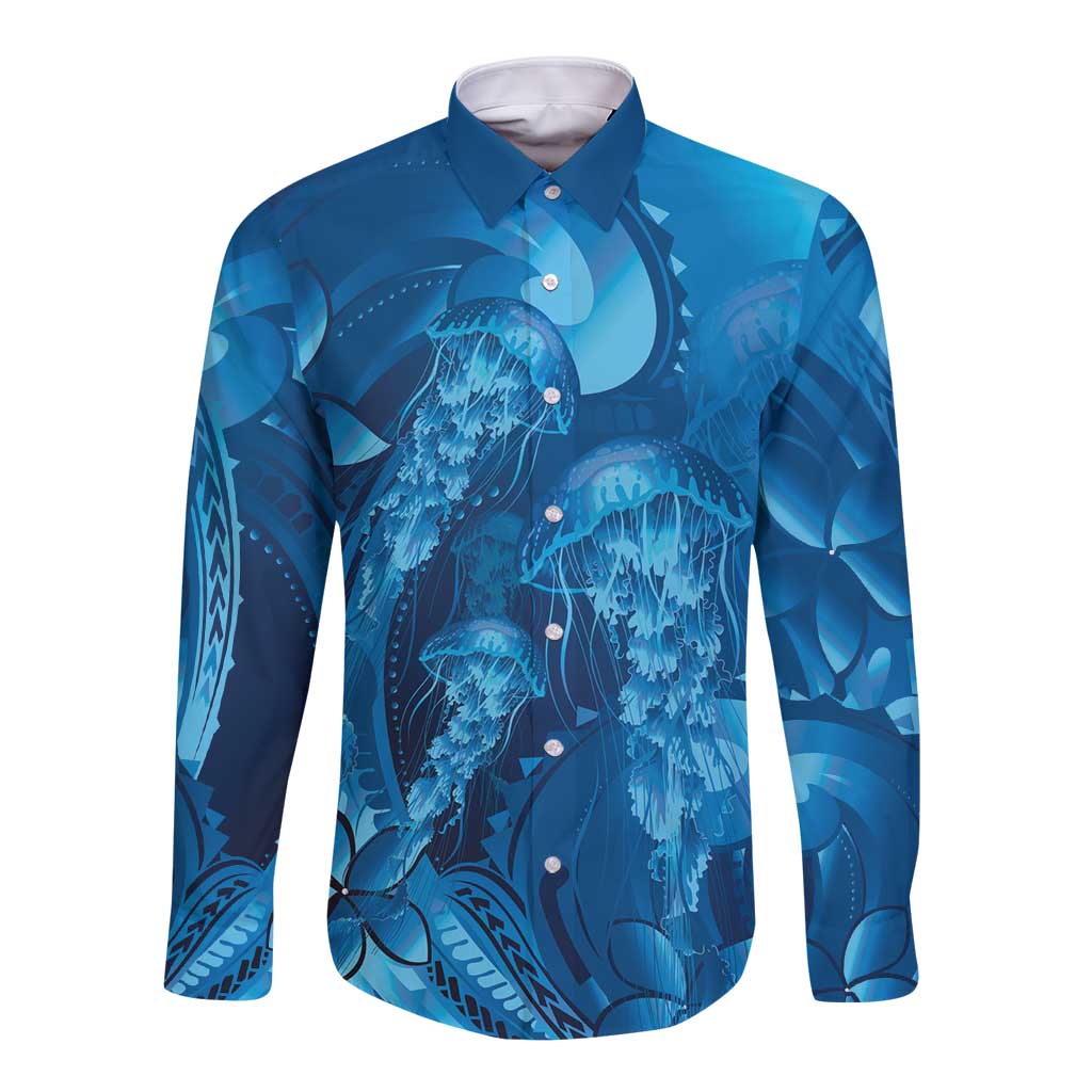 Blue Gradient Polynesia Jellyfish Long Sleeve Button Shirt Plumeria Polynesian Tattoo Glowing Vibes