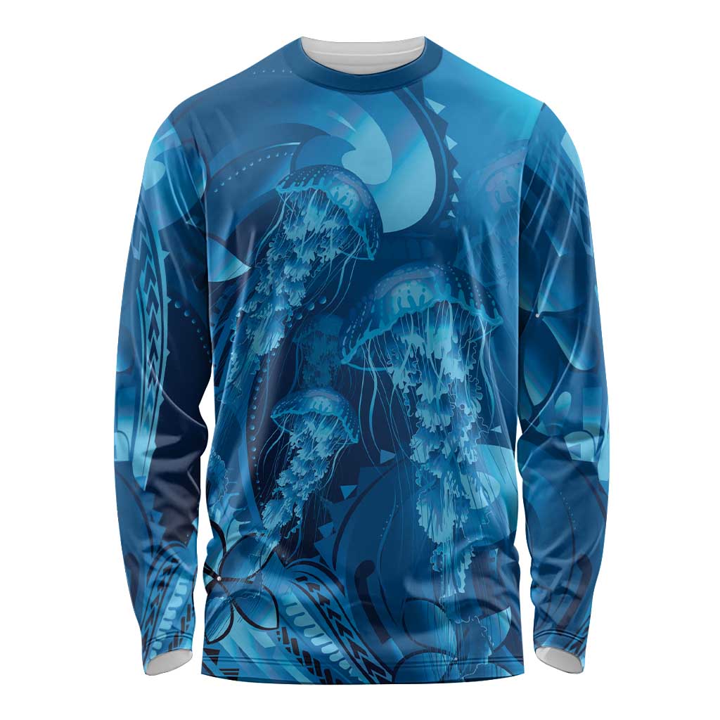 Blue Gradient Polynesia Jellyfish Long Sleeve Shirt Plumeria Polynesian Tattoo Glowing Vibes