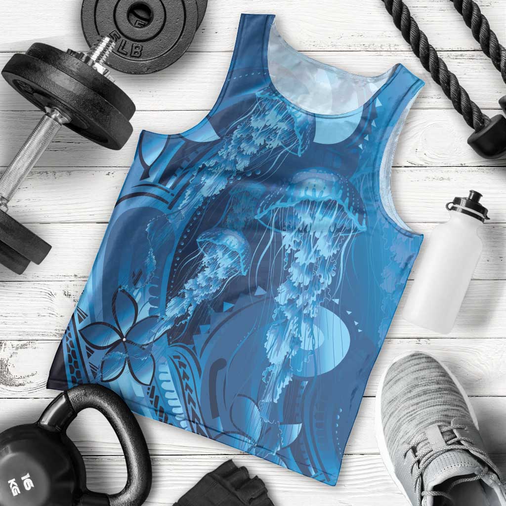 Blue Gradient Polynesia Jellyfish Men Tank Top Plumeria Polynesian Tattoo Glowing Vibes