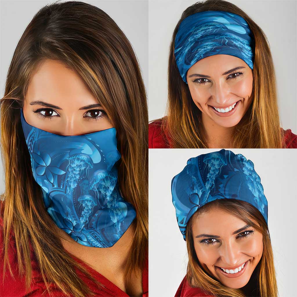 Blue Gradient Polynesia Jellyfish Neck Gaiter Plumeria Polynesian Tattoo Glowing Vibes