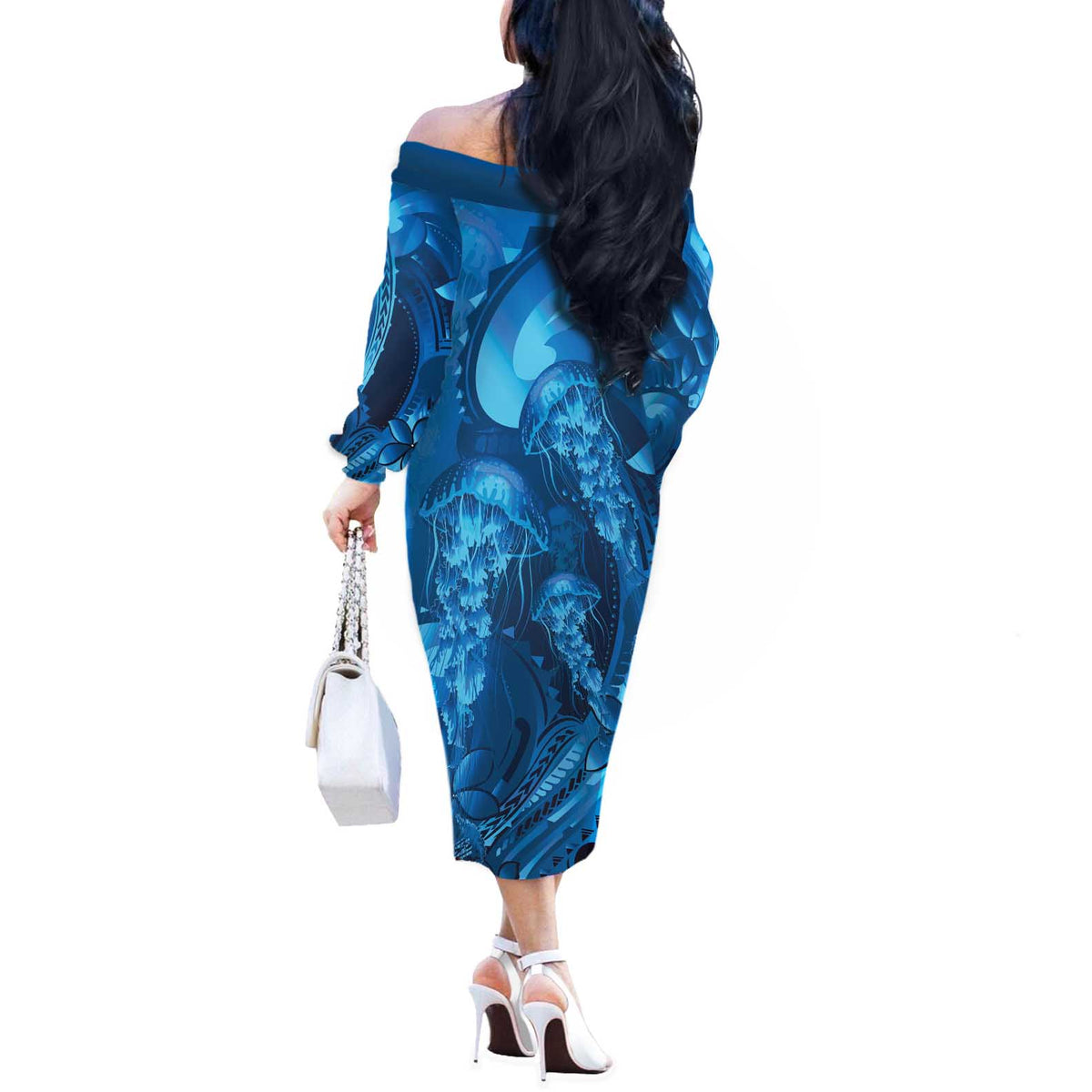 Blue Gradient Polynesia Jellyfish Off The Shoulder Long Sleeve Dress Plumeria Polynesian Tattoo Glowing Vibes