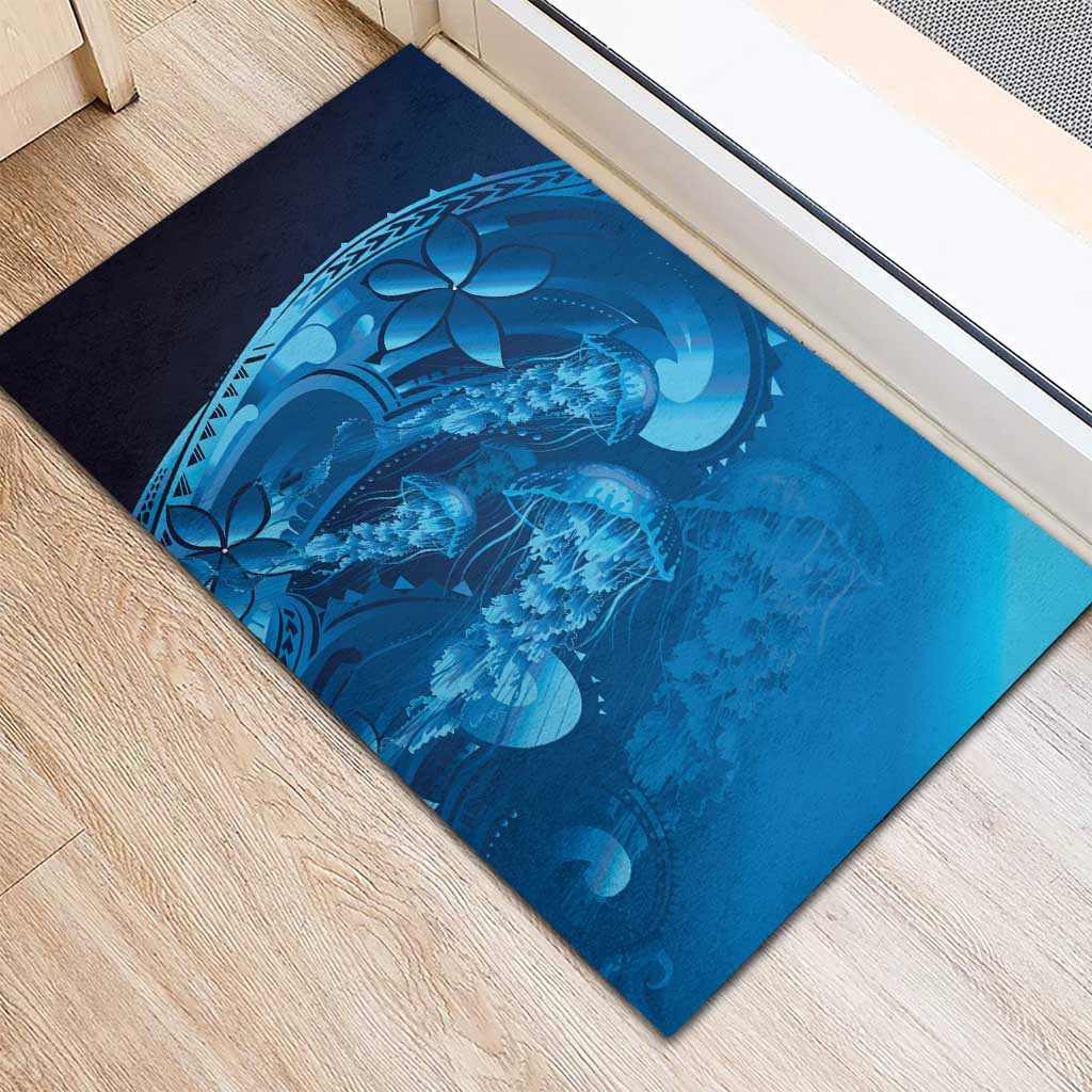 Blue Gradient Polynesia Jellyfish Rubber Doormat Plumeria Polynesian Tattoo Glowing Vibes
