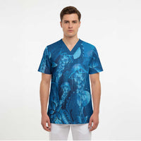 Blue Gradient Polynesia Jellyfish Scrub Top Plumeria Polynesian Tattoo Glowing Vibes