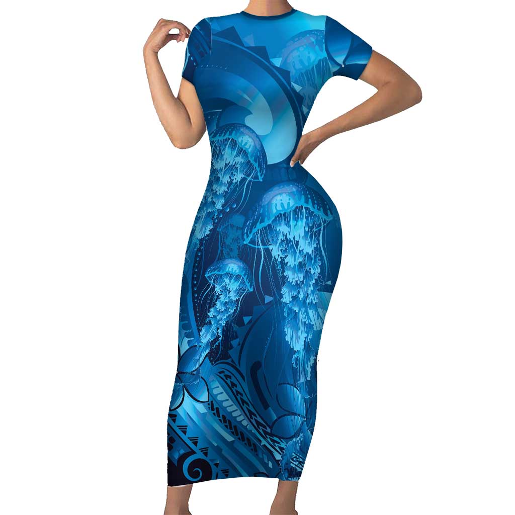 Blue Gradient Polynesia Jellyfish Short Sleeve Bodycon Dress Plumeria Polynesian Tattoo Glowing Vibes