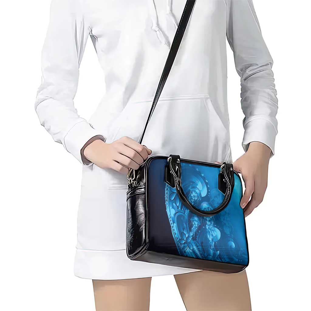 Blue Gradient Polynesia Jellyfish Shoulder Handbag Plumeria Polynesian Tattoo Glowing Vibes