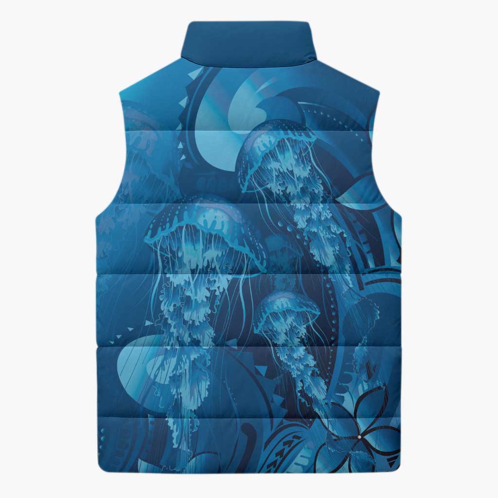 Blue Gradient Polynesia Jellyfish Sleeveless Puffer Jacket Plumeria Polynesian Tattoo Glowing Vibes