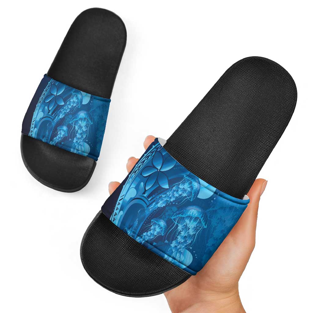Blue Gradient Polynesia Jellyfish Slide Sandals Plumeria Polynesian Tattoo Glowing Vibes