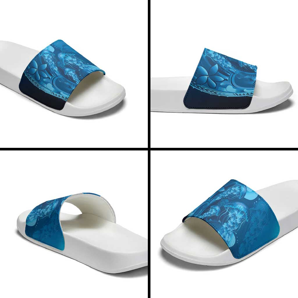 Blue Gradient Polynesia Jellyfish Slide Sandals Plumeria Polynesian Tattoo Glowing Vibes