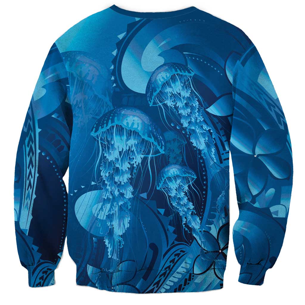 Blue Gradient Polynesia Jellyfish Sweatshirt Plumeria Polynesian Tattoo Glowing Vibes