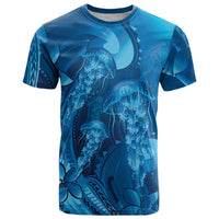 Blue Gradient Polynesia Jellyfish T Shirt Plumeria Polynesian Tattoo Glowing Vibes