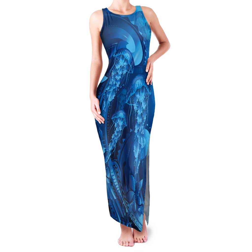 Blue Gradient Polynesia Jellyfish Tank Maxi Dress Plumeria Polynesian Tattoo Glowing Vibes