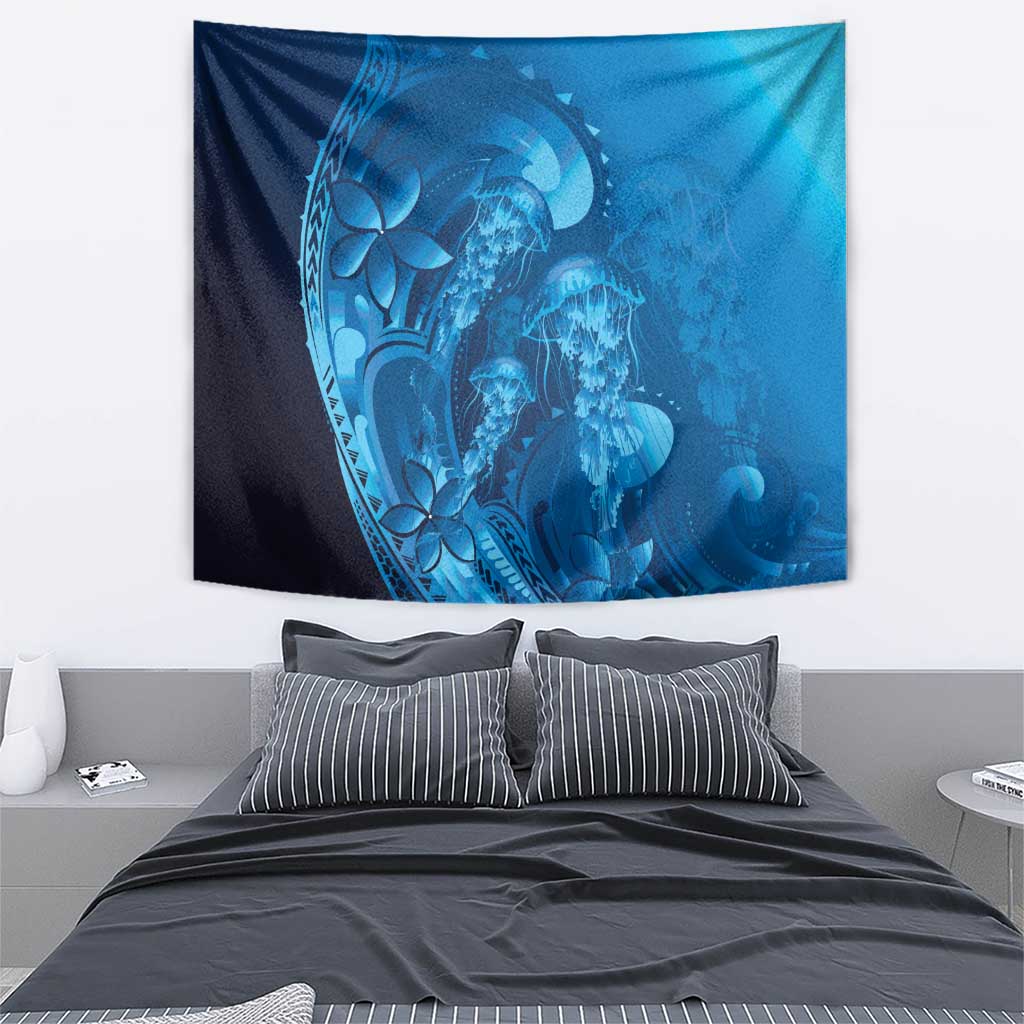 Blue Gradient Polynesia Jellyfish Tapestry Plumeria Polynesian Tattoo Glowing Vibes
