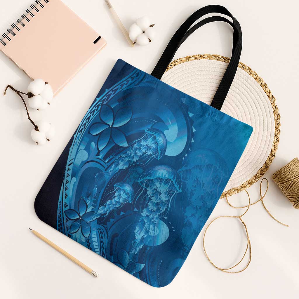 Blue Gradient Polynesia Jellyfish Tote Bag Plumeria Polynesian Tattoo Glowing Vibes
