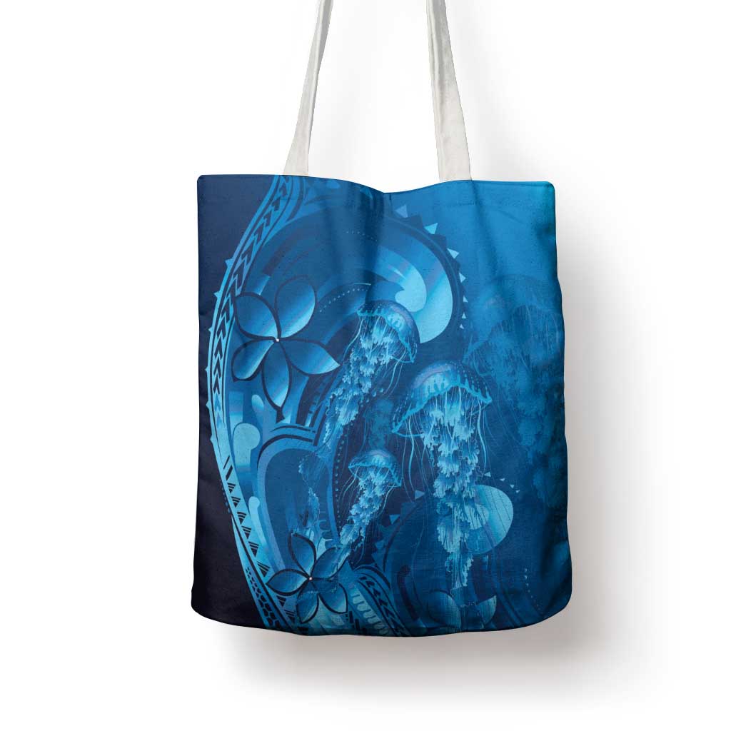 Blue Gradient Polynesia Jellyfish Tote Bag Plumeria Polynesian Tattoo Glowing Vibes