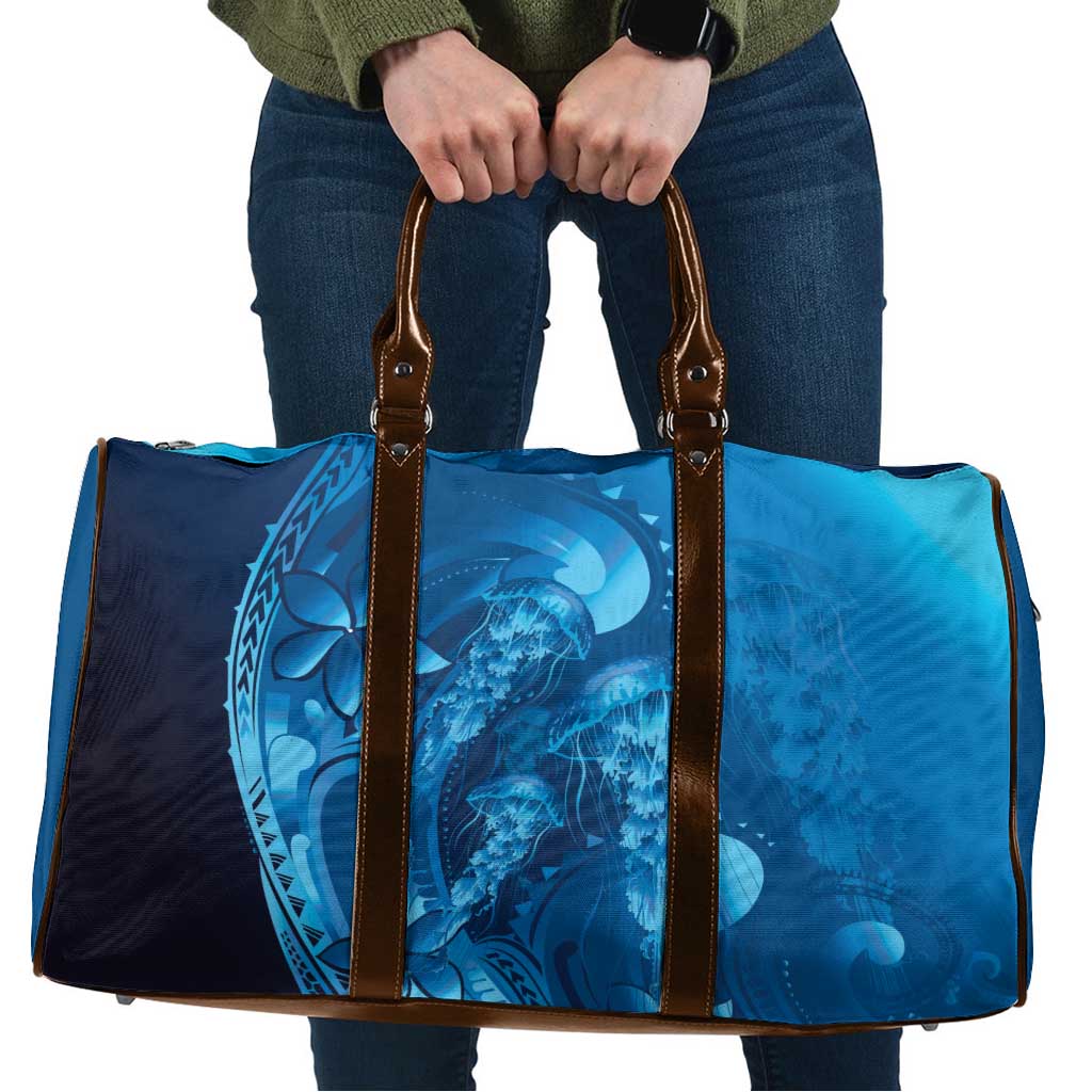 Blue Gradient Polynesia Jellyfish Travel Bag Plumeria Polynesian Tattoo Glowing Vibes