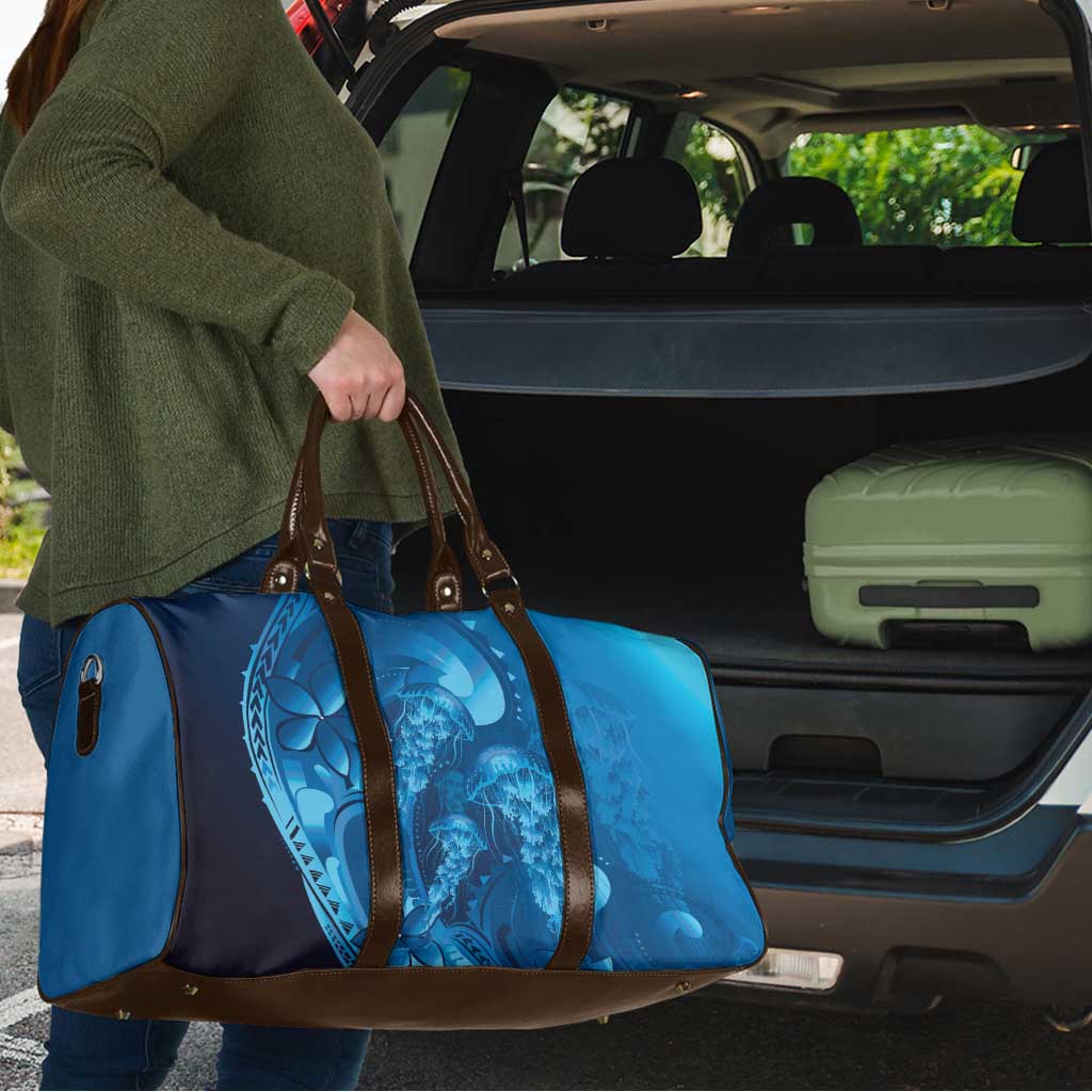 Blue Gradient Polynesia Jellyfish Travel Bag Plumeria Polynesian Tattoo Glowing Vibes