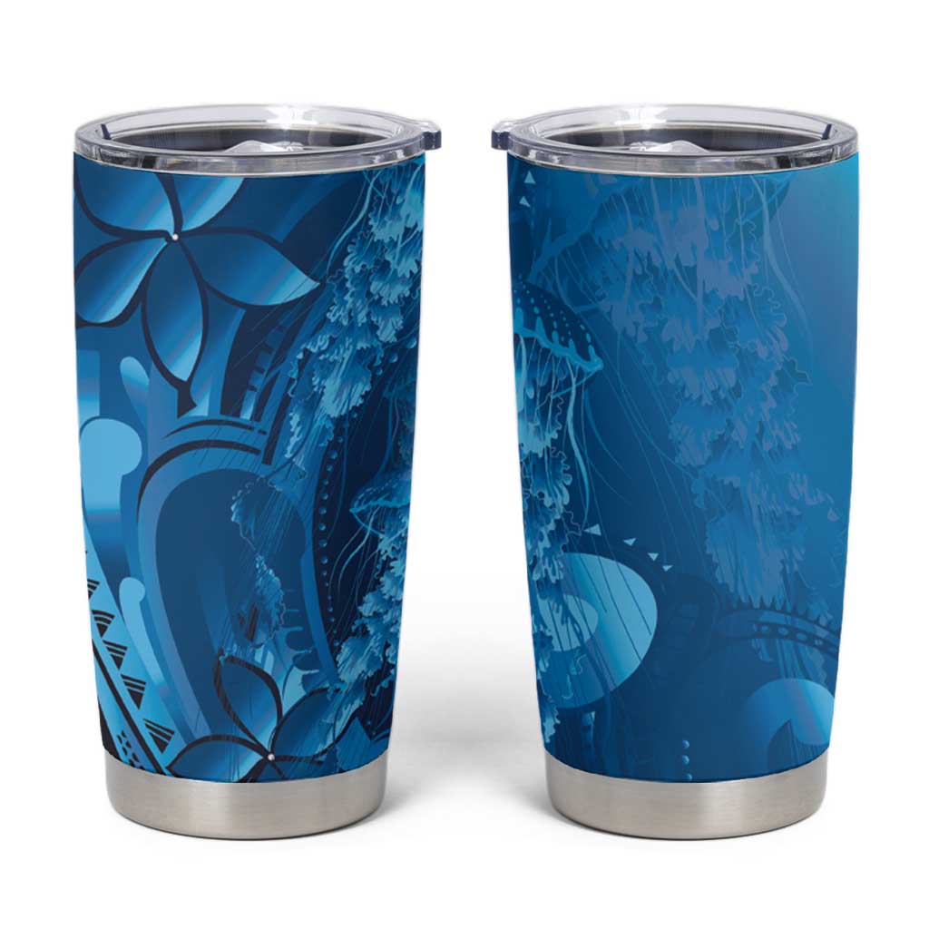 Blue Gradient Polynesia Jellyfish Tumbler Cup Plumeria Polynesian Tattoo Glowing Vibes