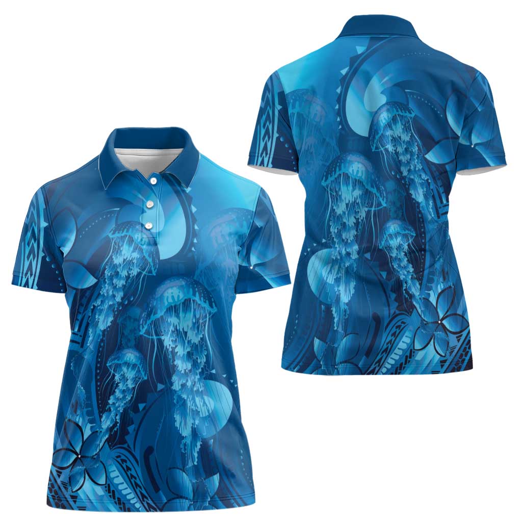 Blue Gradient Polynesia Jellyfish Women Polo Shirt Plumeria Polynesian Tattoo Glowing Vibes