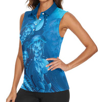 Blue Gradient Polynesia Jellyfish Women Sleeveless Polo Shirt Plumeria Polynesian Tattoo Glowing Vibes