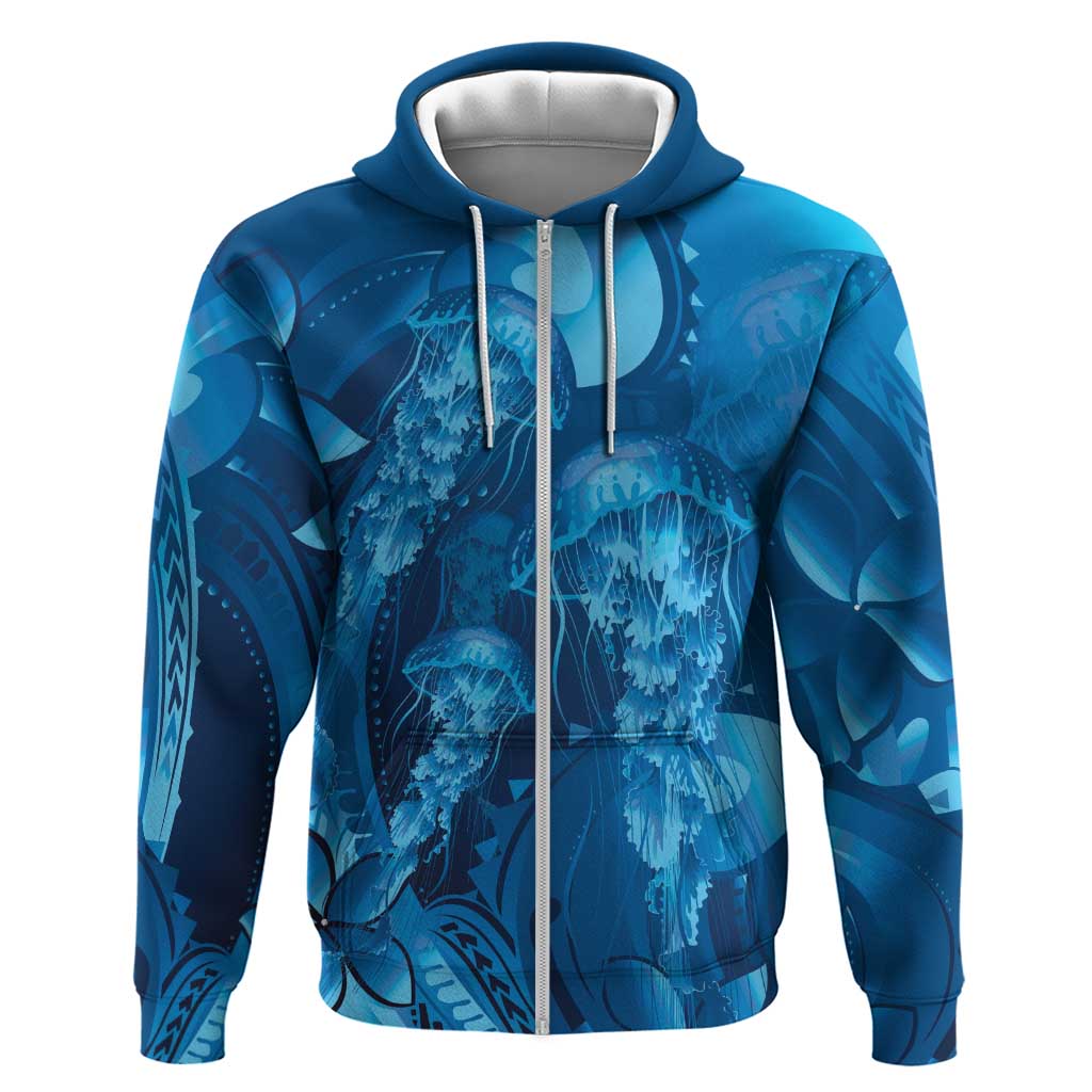 Blue Gradient Polynesia Jellyfish Zip Hoodie Plumeria Polynesian Tattoo Glowing Vibes