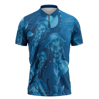Blue Gradient Polynesia Jellyfish Zipper Polo Shirt Plumeria Polynesian Tattoo Glowing Vibes