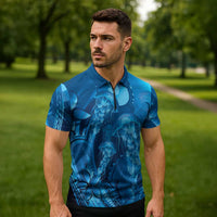 Blue Gradient Polynesia Jellyfish Zipper Polo Shirt Plumeria Polynesian Tattoo Glowing Vibes