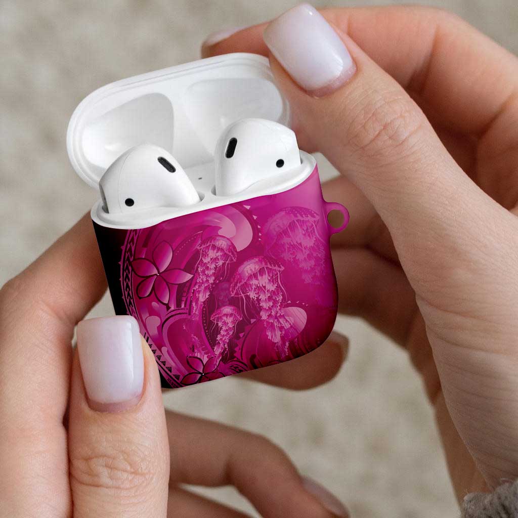 Pink Gradient Polynesia Jellyfish AirPods Case Plumeria Polynesian Tattoo Glowing Vibes