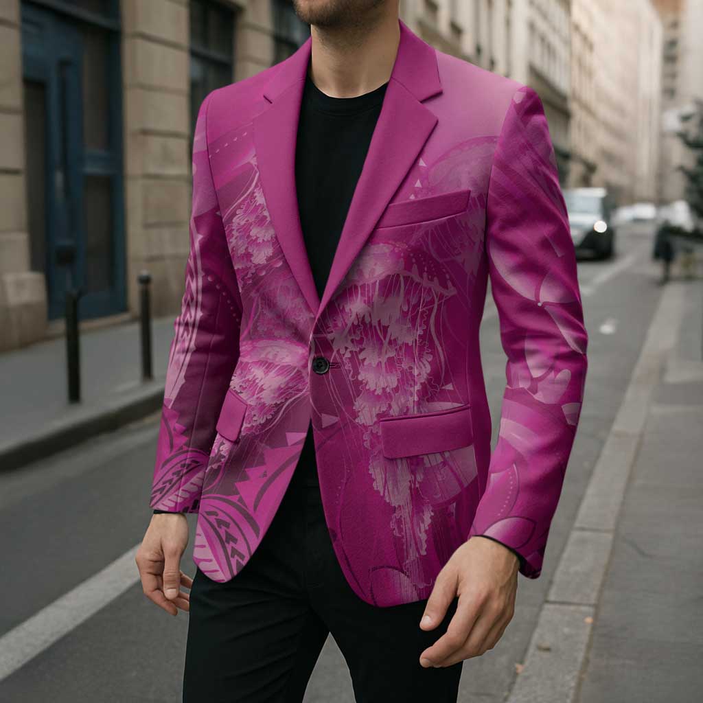Pink Gradient Polynesia Jellyfish Blazer Plumeria Polynesian Tattoo Glowing Vibes