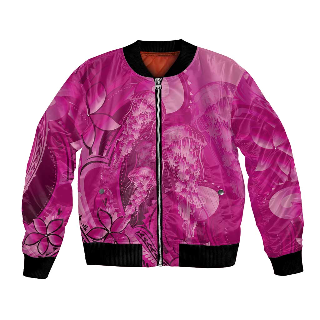 Pink Gradient Polynesia Jellyfish Bomber Jacket Plumeria Polynesian Tattoo Glowing Vibes