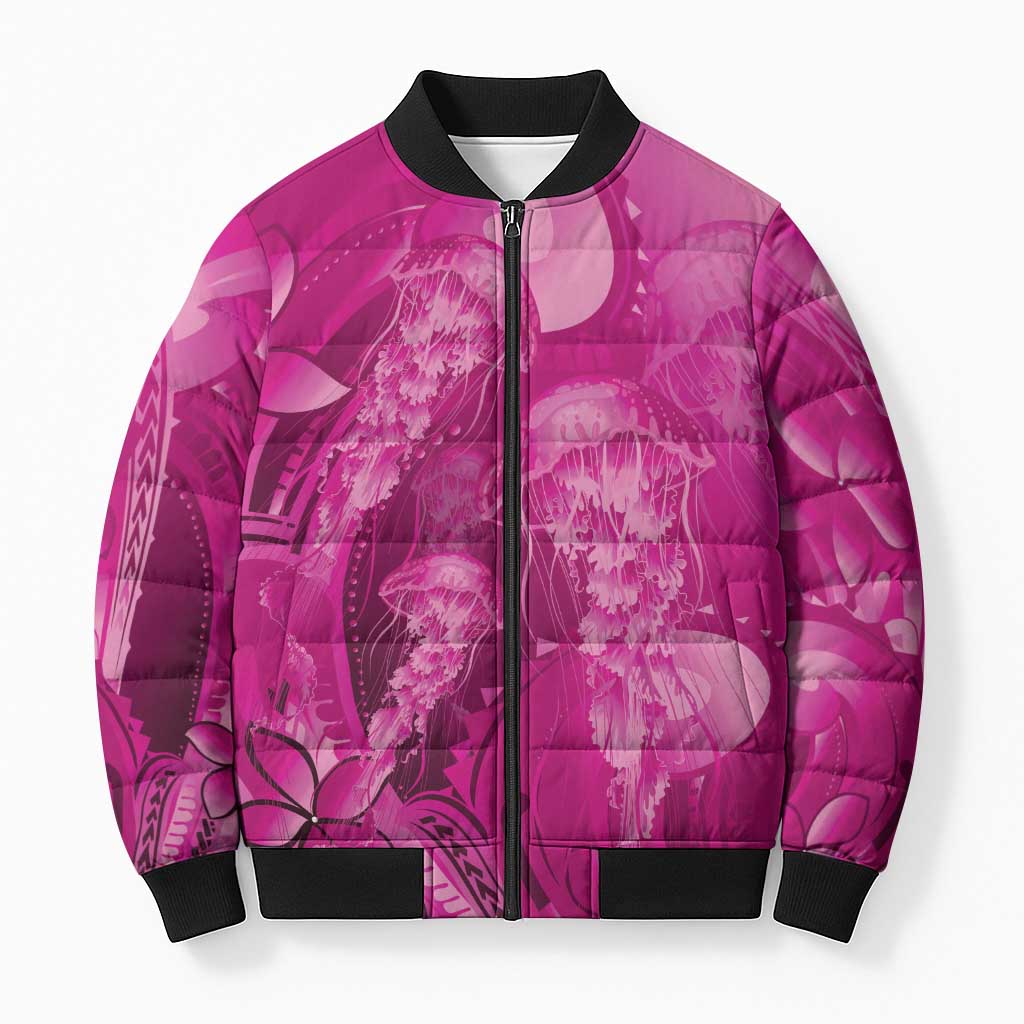 Pink Gradient Polynesia Jellyfish Bomber Puffer Jacket Plumeria Polynesian Tattoo Glowing Vibes