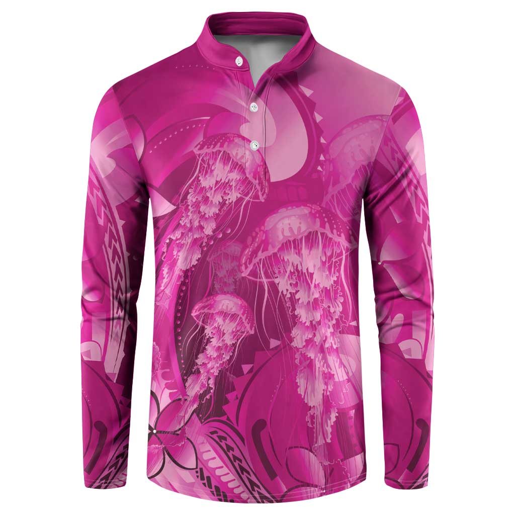 Pink Gradient Polynesia Jellyfish Button Sweatshirt Plumeria Polynesian Tattoo Glowing Vibes