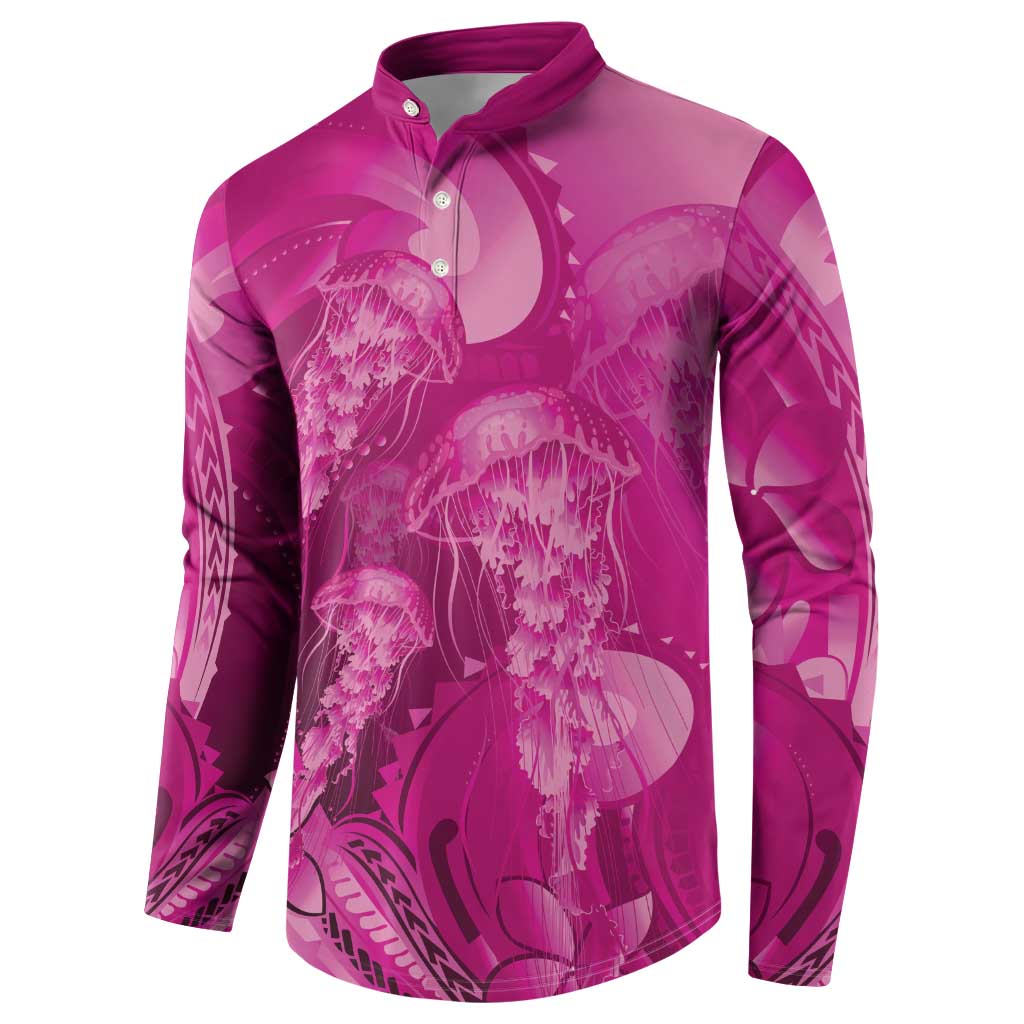 Pink Gradient Polynesia Jellyfish Button Sweatshirt Plumeria Polynesian Tattoo Glowing Vibes