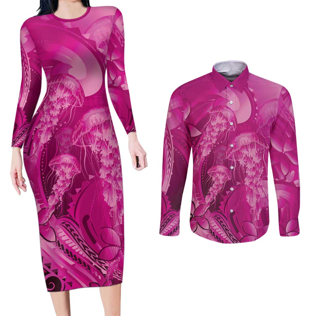 Pink Gradient Polynesia Jellyfish Couples Matching Long Sleeve Bodycon Dress and Long Sleeve Button Shirt Plumeria Polynesian Tattoo Glowing Vibes