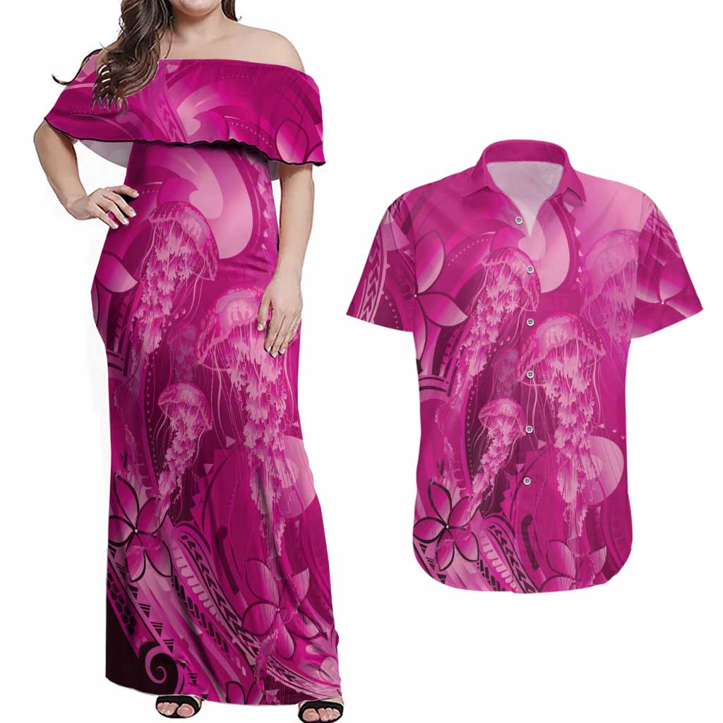 Pink Gradient Polynesia Jellyfish Couples Matching Off Shoulder Maxi Dress and Hawaiian Shirt Plumeria Polynesian Tattoo Glowing Vibes