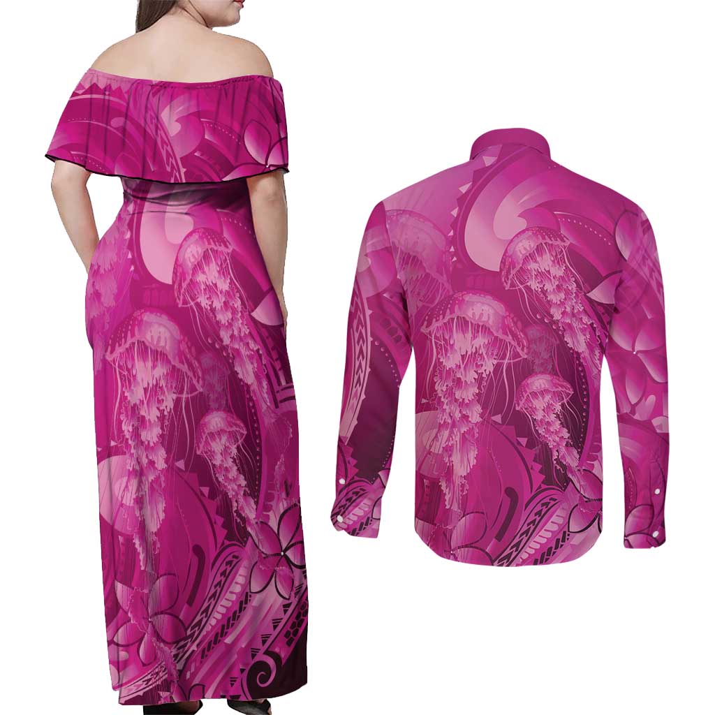 Pink Gradient Polynesia Jellyfish Couples Matching Off Shoulder Maxi Dress and Long Sleeve Button Shirt Plumeria Polynesian Tattoo Glowing Vibes