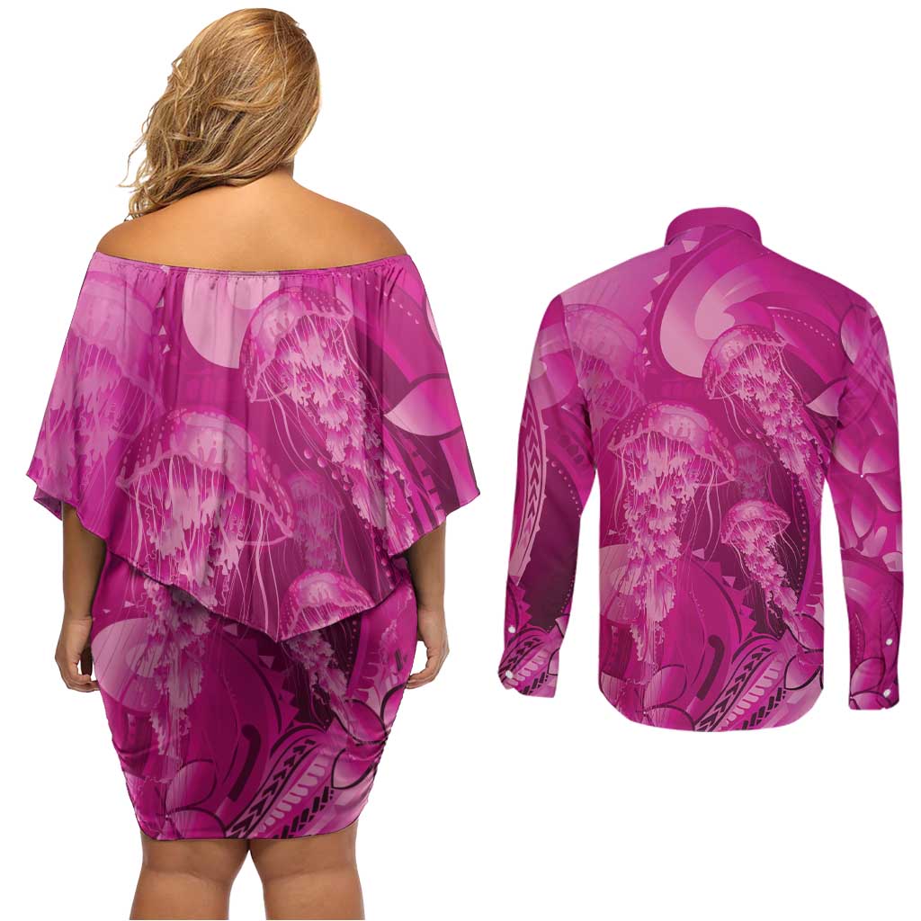 Pink Gradient Polynesia Jellyfish Couples Matching Off Shoulder Short Dress and Long Sleeve Button Shirt Plumeria Polynesian Tattoo Glowing Vibes