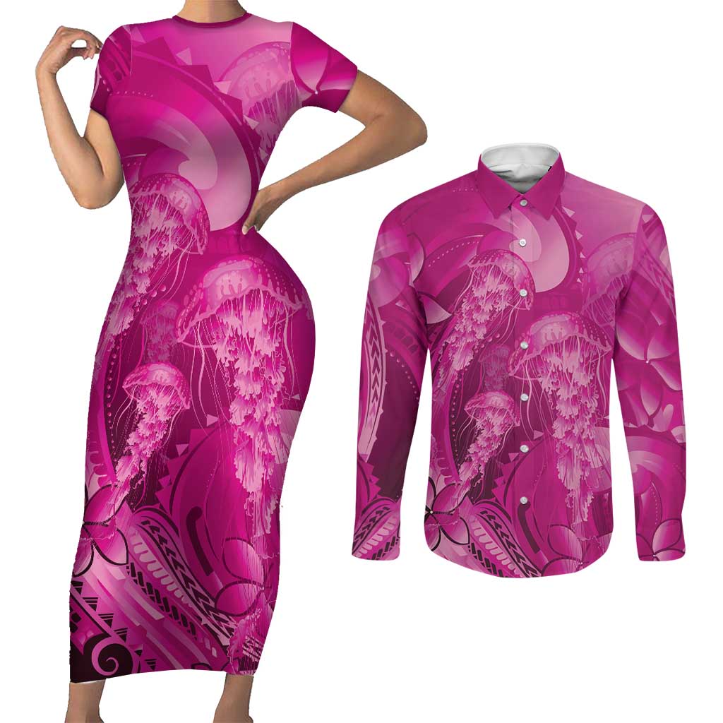 Pink Gradient Polynesia Jellyfish Couples Matching Short Sleeve Bodycon Dress and Long Sleeve Button Shirt Plumeria Polynesian Tattoo Glowing Vibes
