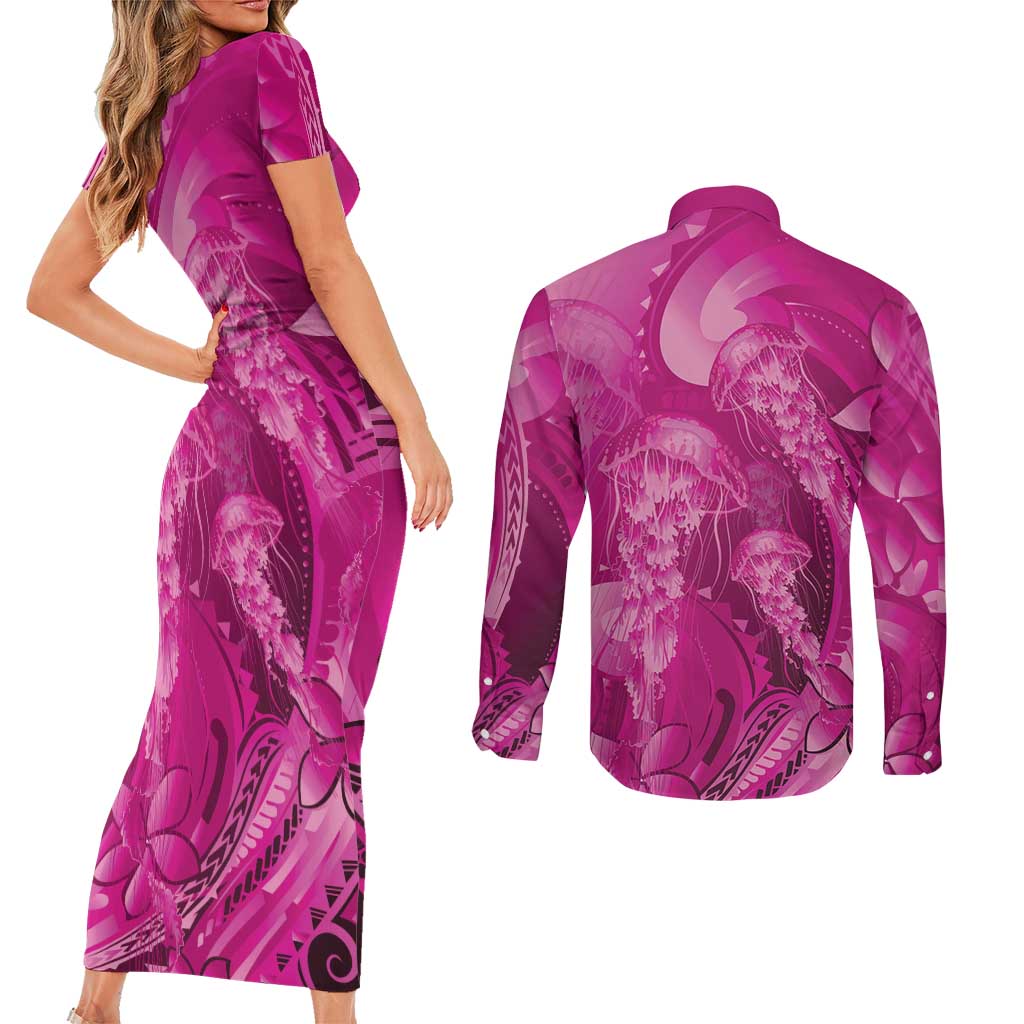 Pink Gradient Polynesia Jellyfish Couples Matching Short Sleeve Bodycon Dress and Long Sleeve Button Shirt Plumeria Polynesian Tattoo Glowing Vibes