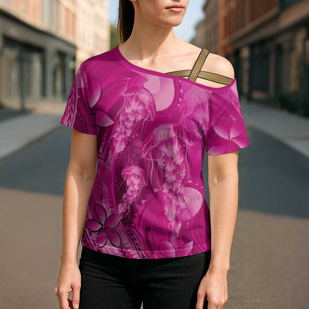 Pink Gradient Polynesia Jellyfish Cross Shoulder Shirt Plumeria Polynesian Tattoo Glowing Vibes