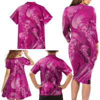 Pink Gradient Polynesia Jellyfish Family Matching Long Sleeve Bodycon Dress and Hawaiian Shirt Plumeria Polynesian Tattoo Glowing Vibes LT14 - Polynesian Pride