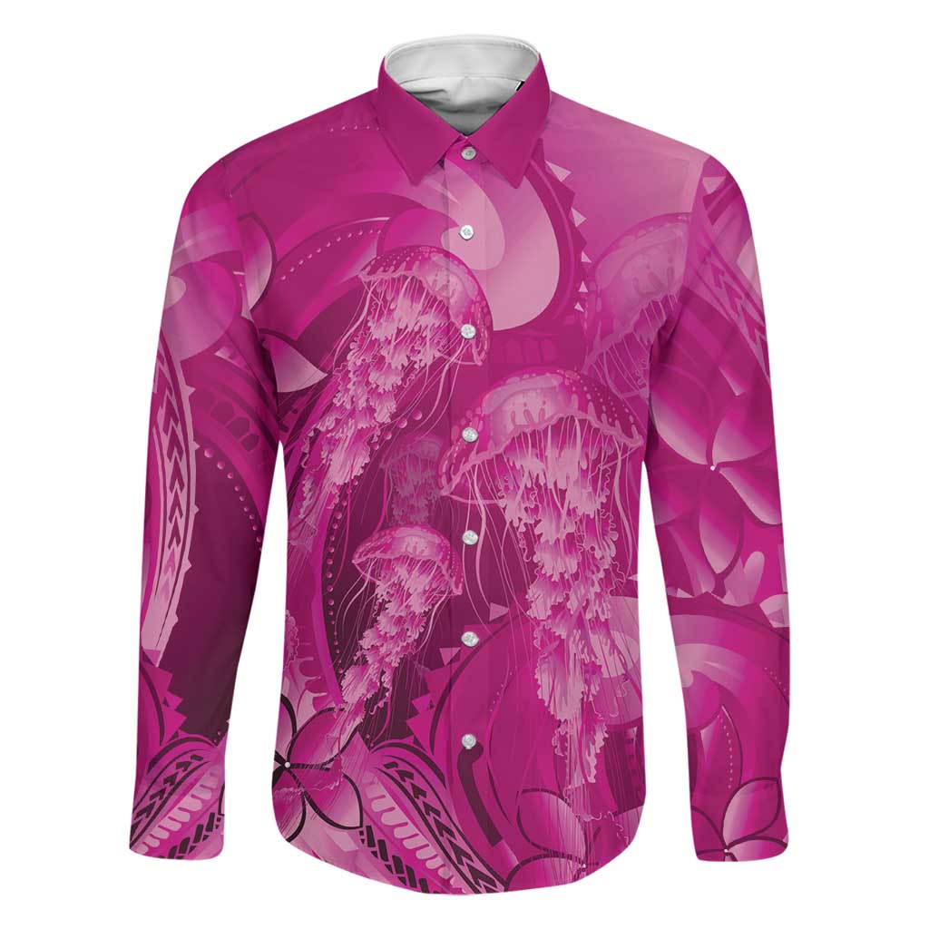 Pink Gradient Polynesia Jellyfish Family Matching Long Sleeve Bodycon Dress and Hawaiian Shirt Plumeria Polynesian Tattoo Glowing Vibes LT14 Dad's Shirt - Long Sleeve Pink - Polynesian Pride