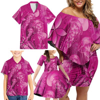 Pink Gradient Polynesia Jellyfish Family Matching Off Shoulder Short Dress and Hawaiian Shirt Plumeria Polynesian Tattoo Glowing Vibes LT14 - Polynesian Pride